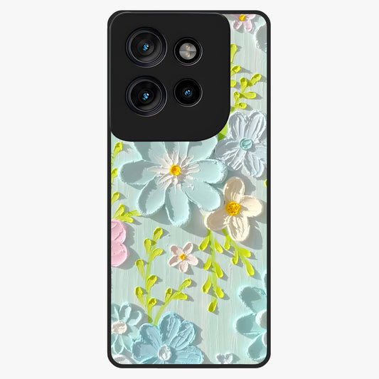 Frosted Petal Garden Glass Case showing flat back view with soft frosted floral artwork and glossy glass finish.