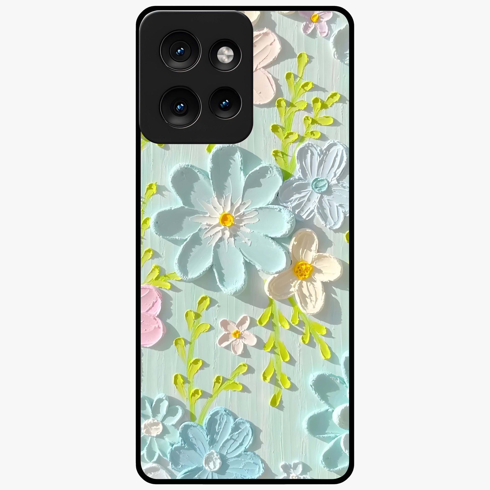 Frosted Petal Garden Glass Case showing flat back view with soft frosted floral artwork and glossy glass finish.