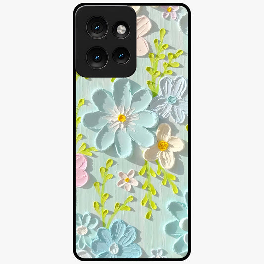 Frosted Petal Garden Glass Case showing flat back view with soft frosted floral artwork and glossy glass finish.