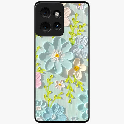 Frosted Petal Garden Glass Case showing flat back view with soft frosted floral artwork and glossy glass finish.