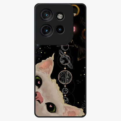 Galactic Cat Glass Case showing flat back view with cosmic cat artwork and glossy glass finish.