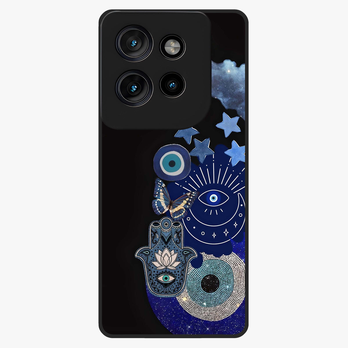 Galactic Charm Cluster Glass Case showing flat back view with glowing celestial charm artwork and glossy glass finish.
