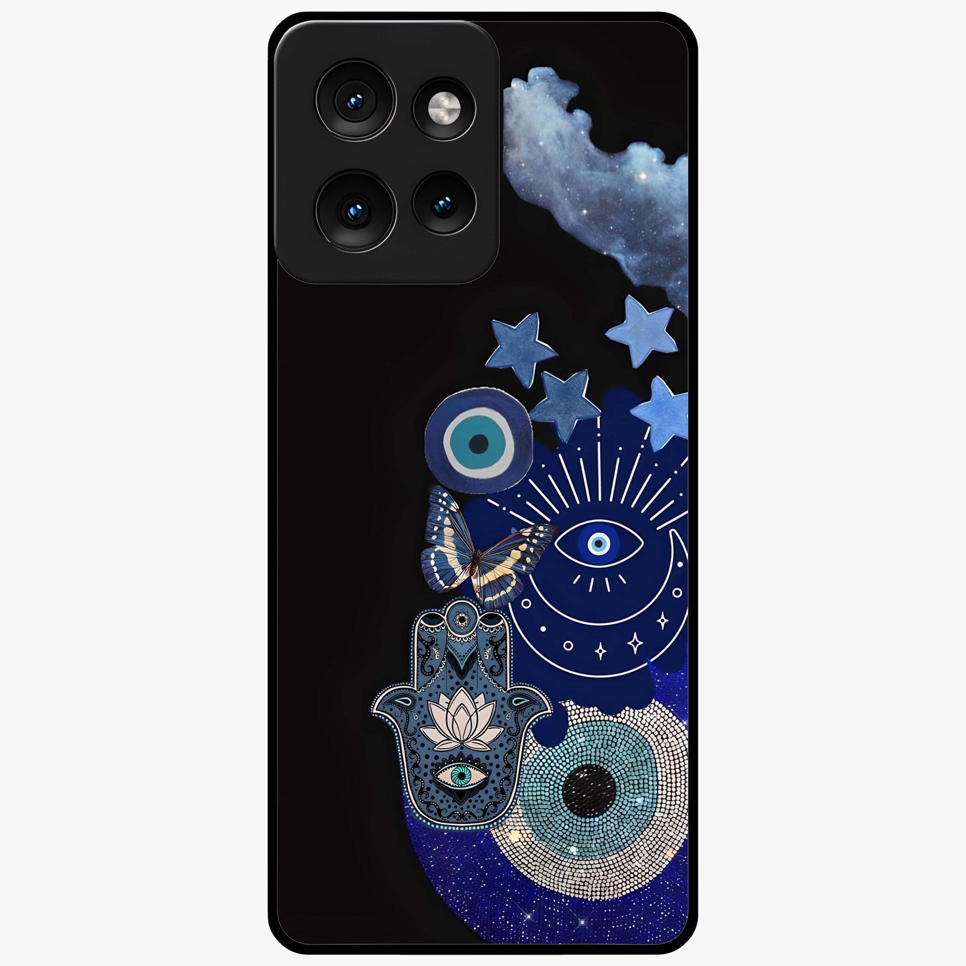 Galactic Charm Cluster Glass Case showing flat back view with glowing celestial charm artwork and glossy glass finish.