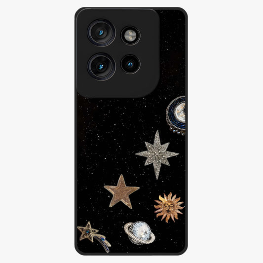 Galactic Charm Glow Glass Case showing flat back view with glowing celestial charm artwork and glossy glass finish.