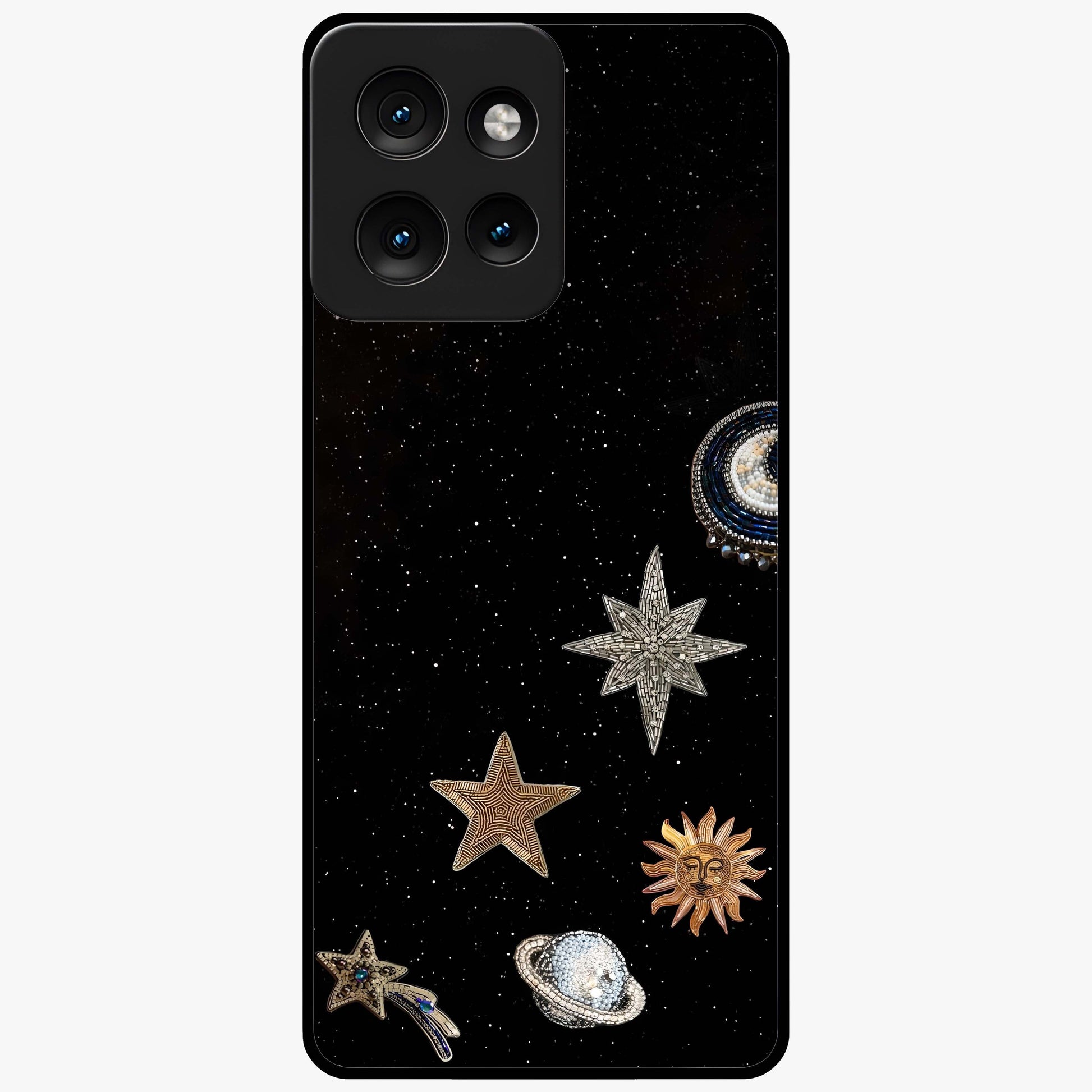 Galactic Charm Glow Glass Case showing flat back view with glowing celestial charm artwork and glossy glass finish.
