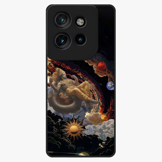 Galactic Divine God Glass Case showing flat back view with divine cosmic themed artwork and glossy glass finish.