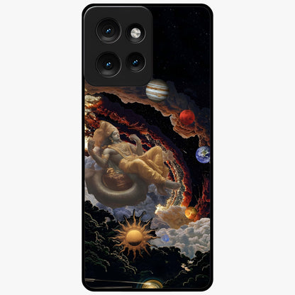 Galactic Divine God Glass Case showing flat back view with divine cosmic themed artwork and glossy glass finish.