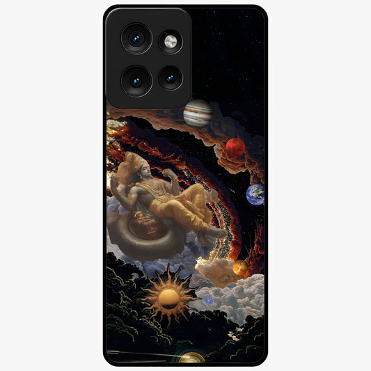 Galactic Divine God Glass Case showing flat back view with divine cosmic themed artwork and glossy glass finish.