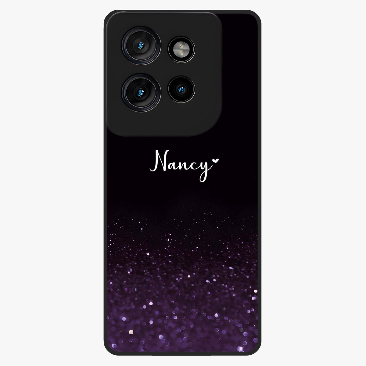 Glittery Purple Bokeh Custom Name Glass Case showing flat back view with purple bokeh sparkle artwork and personalized name design.