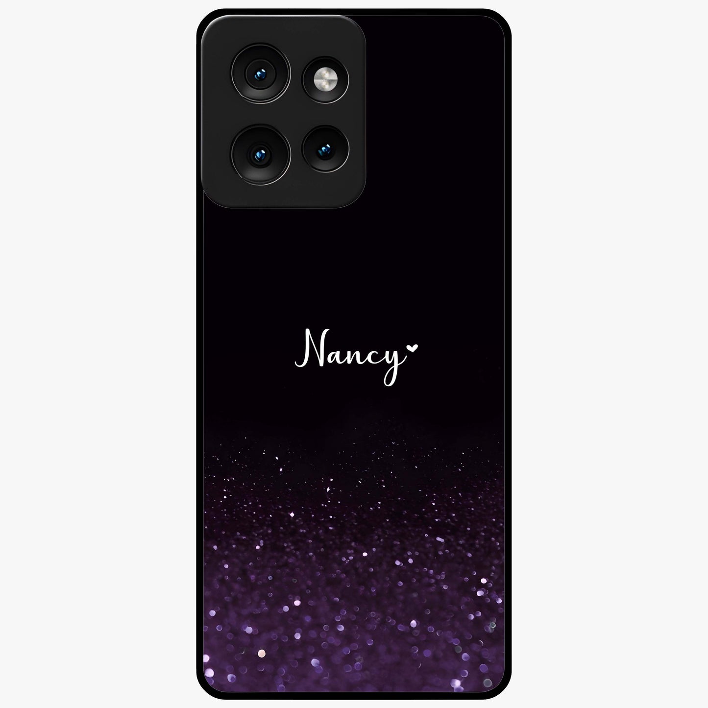 Glittery Purple Bokeh Custom Name Glass Case showing flat back view with purple bokeh sparkle artwork and personalized name design.