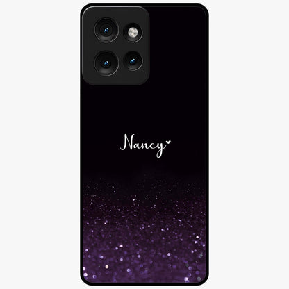 Glittery Purple Bokeh Custom Name Glass Case showing flat back view with purple bokeh sparkle artwork and personalized name design.