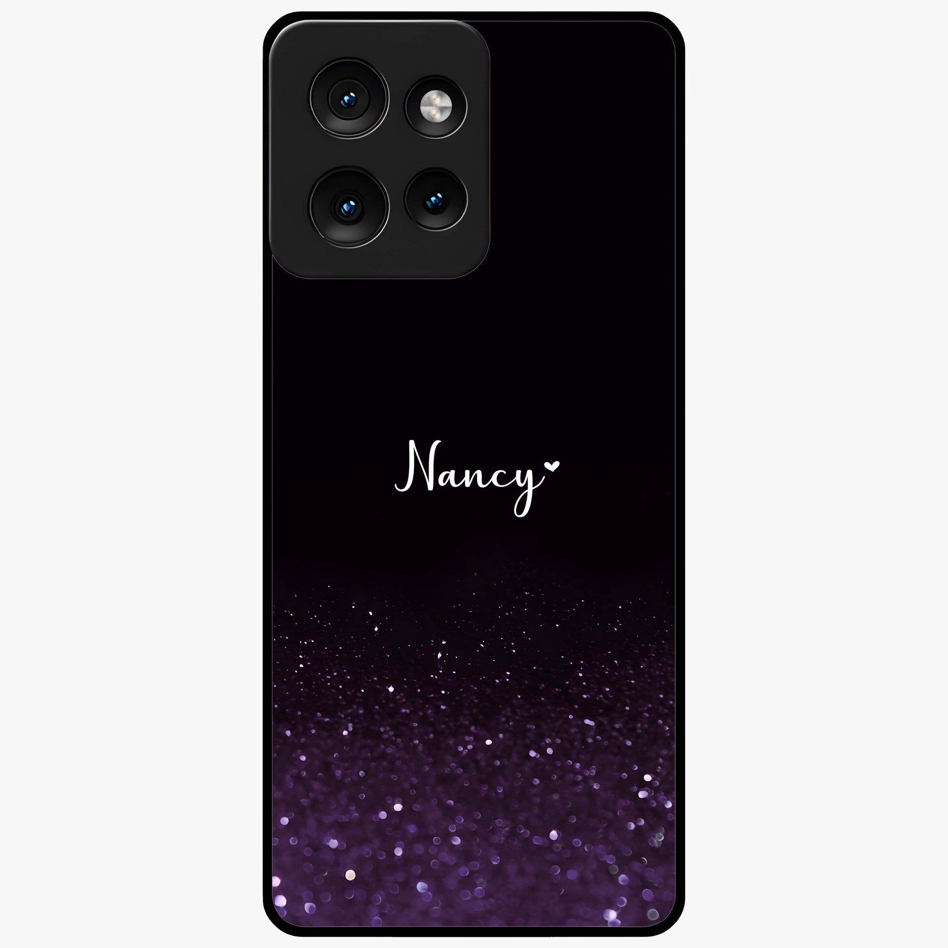 Glittery Purple Bokeh Custom Name Glass Case showing flat back view with purple bokeh sparkle artwork and personalized name design.
