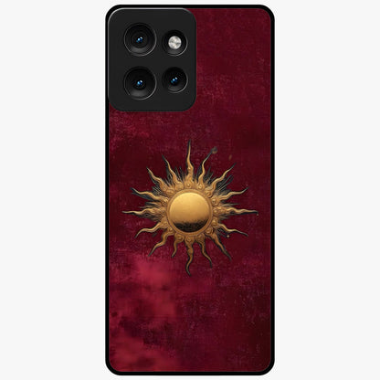 Gold Sun Blush Glass Case showing flat back view with golden sun inspired artwork and glossy glass finish.