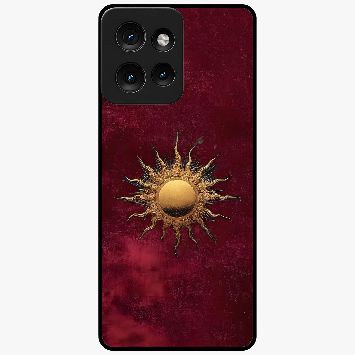 Gold Sun Blush Glass Case showing flat back view with golden sun inspired artwork and glossy glass finish.