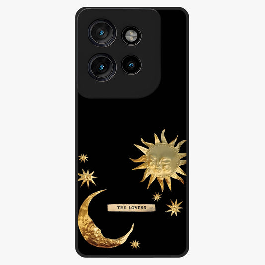 Golden Celestial Charm Glass Case showing flat back view with golden celestial charm artwork and glossy glass finish.