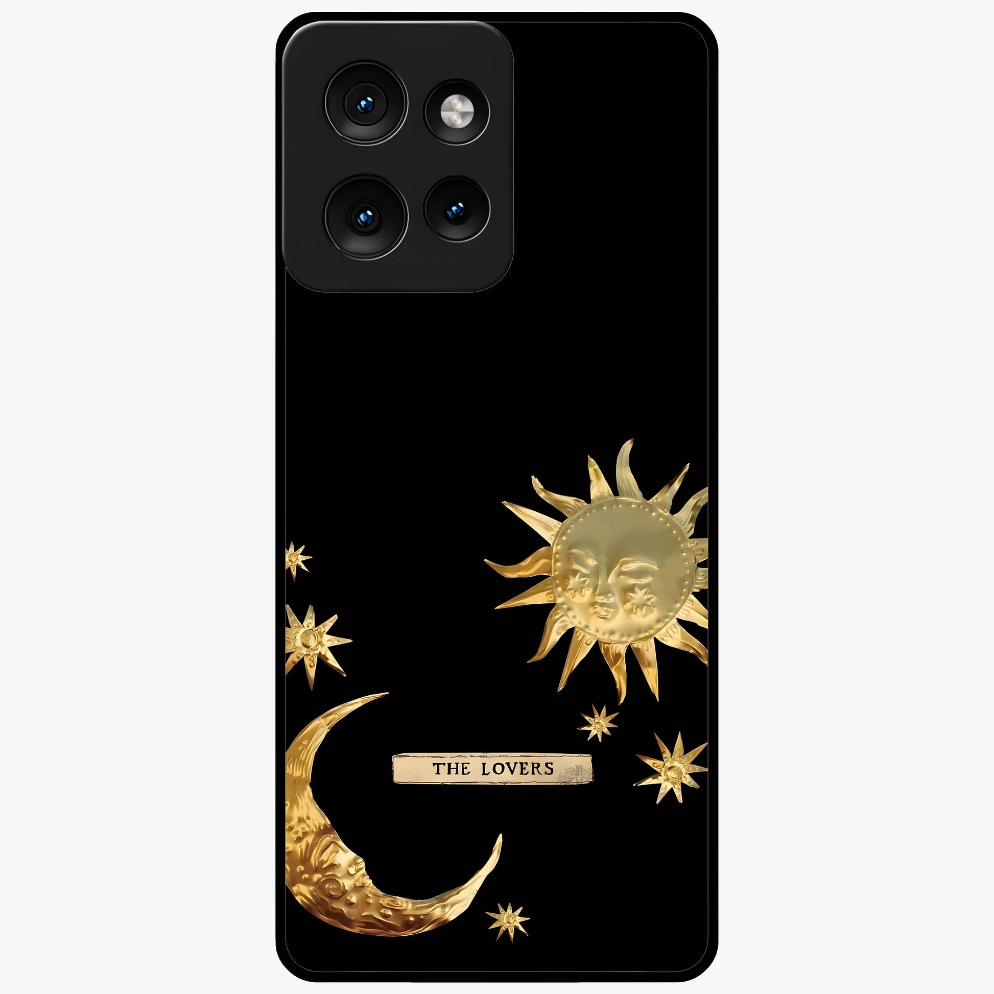Golden Celestial Charm Glass Case showing flat back view with golden celestial charm artwork and glossy glass finish.