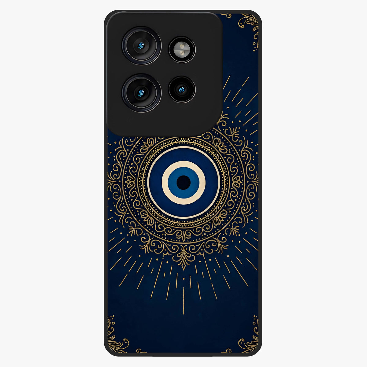 Golden Evil Eye Mandala Glass Case showing flat back view with intricate evil eye mandala artwork and glossy glass finish.