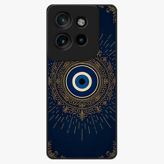 Golden Evil Eye Mandala Glass Case showing flat back view with intricate evil eye mandala artwork and glossy glass finish.