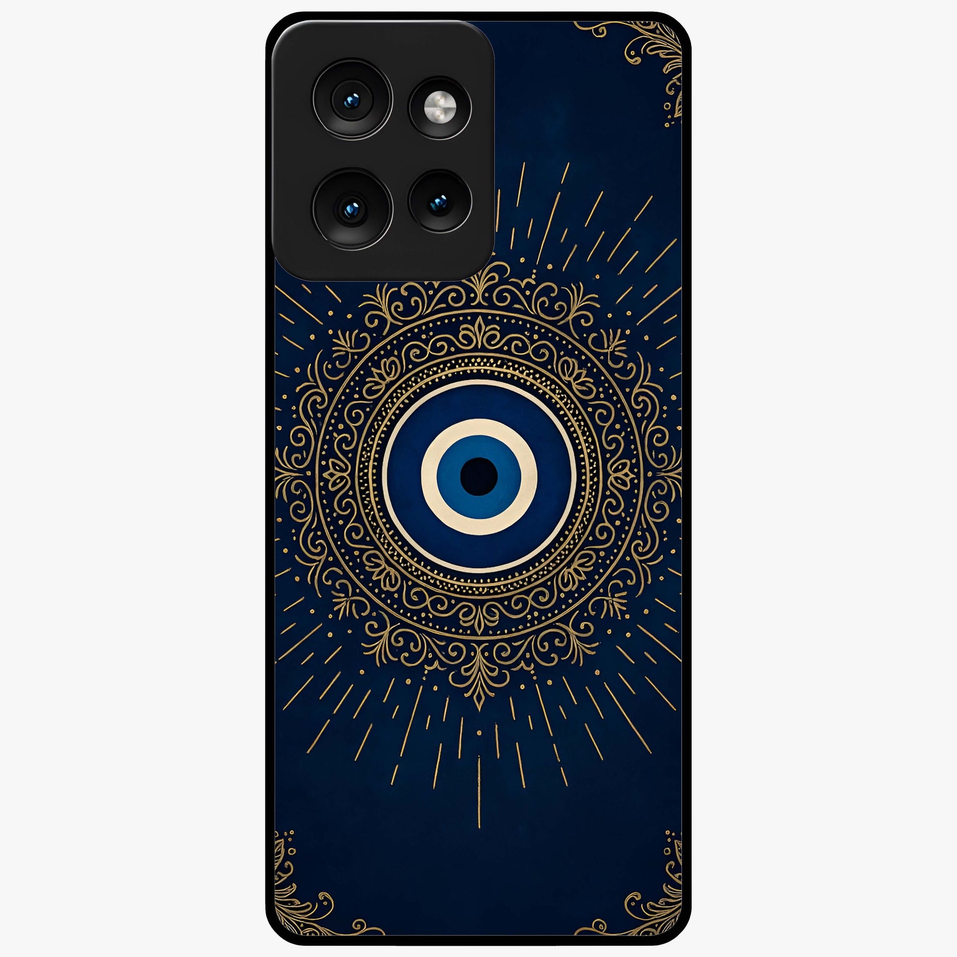 Golden Evil Eye Mandala Glass Case showing flat back view with intricate evil eye mandala artwork and glossy glass finish.