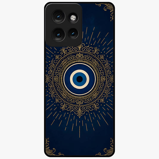 Golden Evil Eye Mandala Glass Case showing flat back view with intricate evil eye mandala artwork and glossy glass finish.