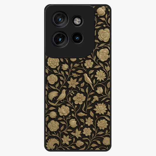 Golden Floral Majesty Glass Case showing flat back view with luxurious golden floral artwork and glossy glass finish.