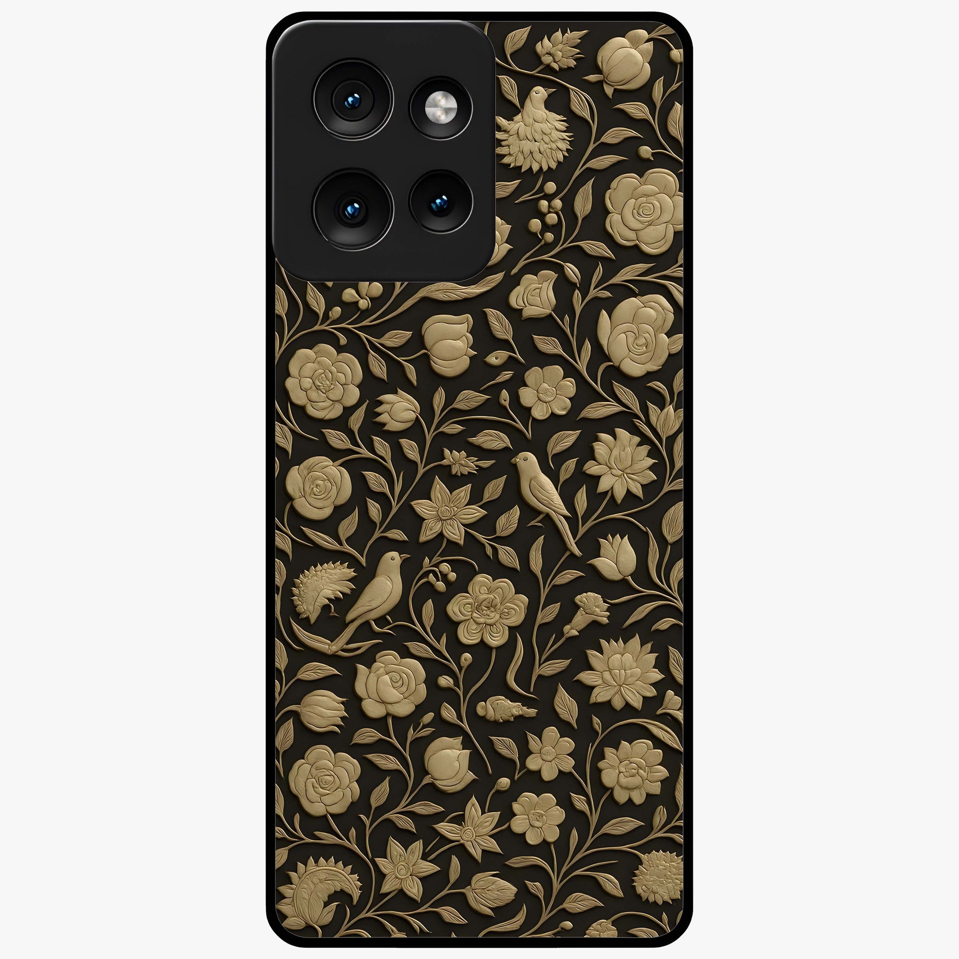 Golden Floral Majesty Glass Case showing flat back view with luxurious golden floral artwork and glossy glass finish.