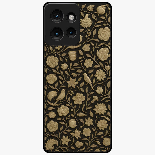 Golden Floral Majesty Glass Case showing flat back view with luxurious golden floral artwork and glossy glass finish.