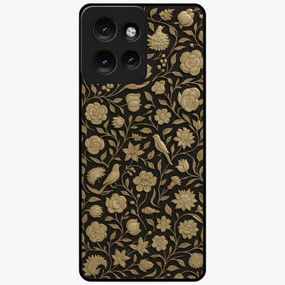 Golden Floral Majesty Glass Case showing flat back view with luxurious golden floral artwork and glossy glass finish.