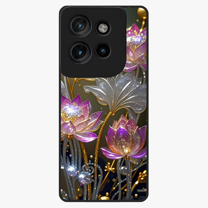 Golden Lotus Glow Glass Case showing flat back view with glowing lotus flower artwork and glossy glass finish.