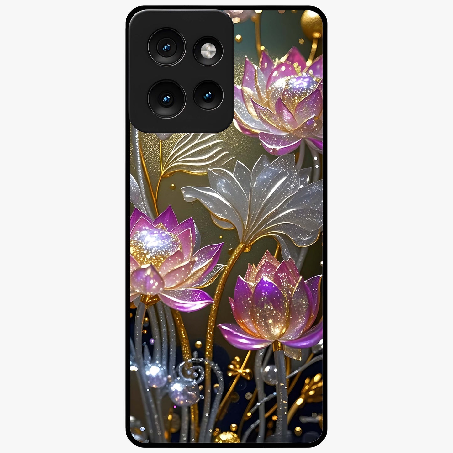 Golden Lotus Glow Glass Case showing flat back view with glowing lotus flower artwork and glossy glass finish.
