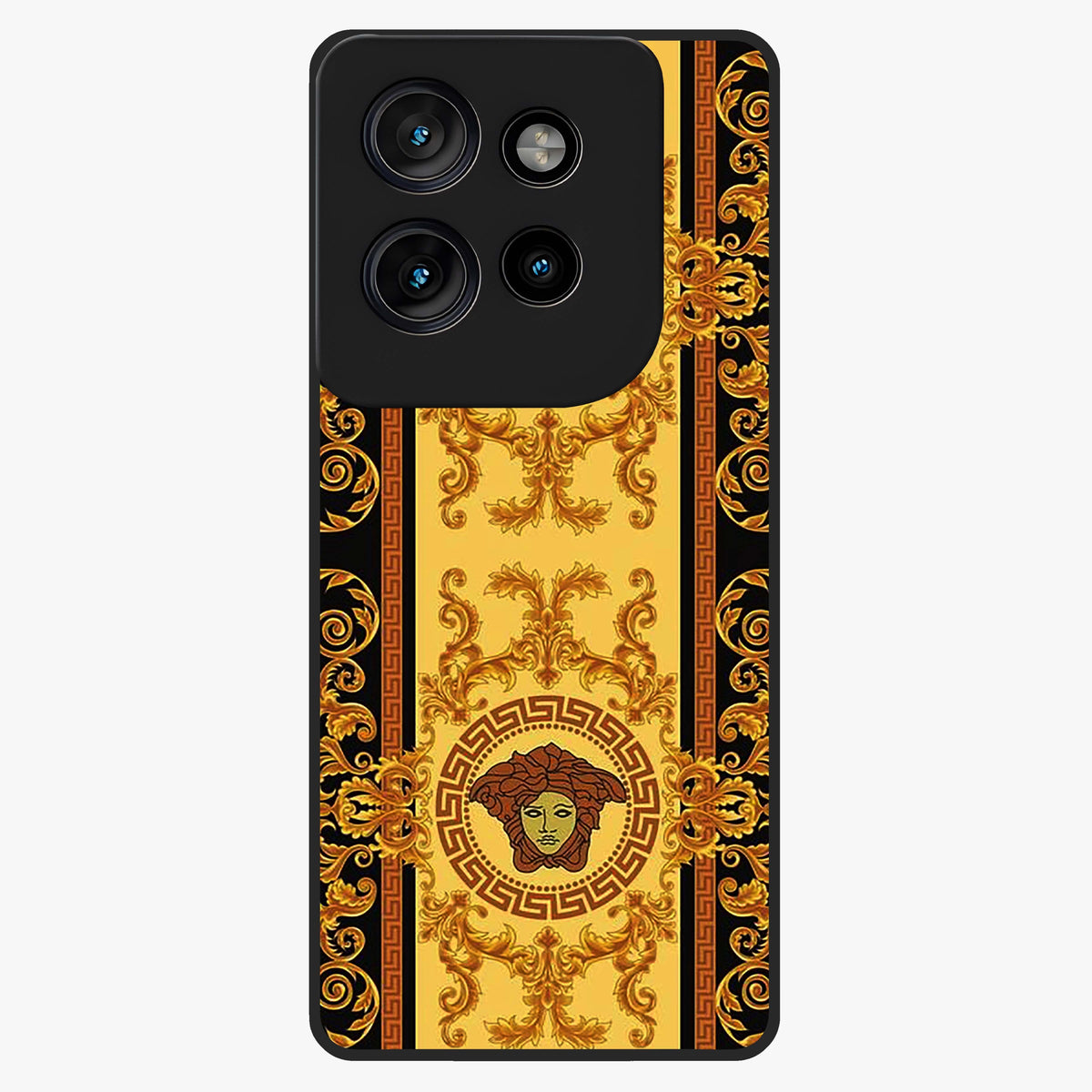 Golden Royal Heritage Glass Case showing flat back view with ornate royal pattern artwork and glossy glass finish.