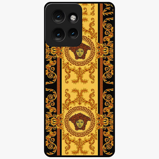Golden Royal Heritage Glass Case showing flat back view with ornate royal pattern artwork and glossy glass finish.