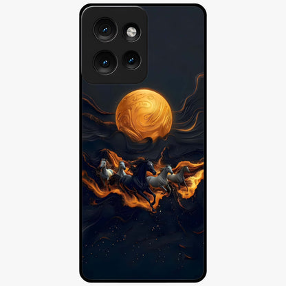 Golden Stallion Moonride Glass Case showing flat back view with majestic horse under moonlight artwork and glossy glass finish.