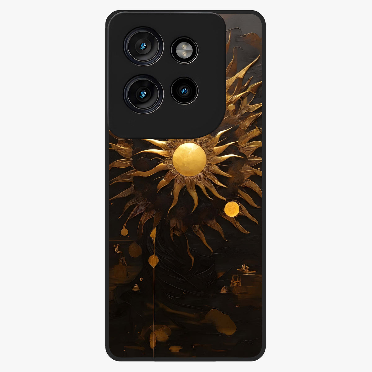 Golden Sun Majesty Glass Case showing flat back view with radiant golden sun artwork and glossy glass finish.