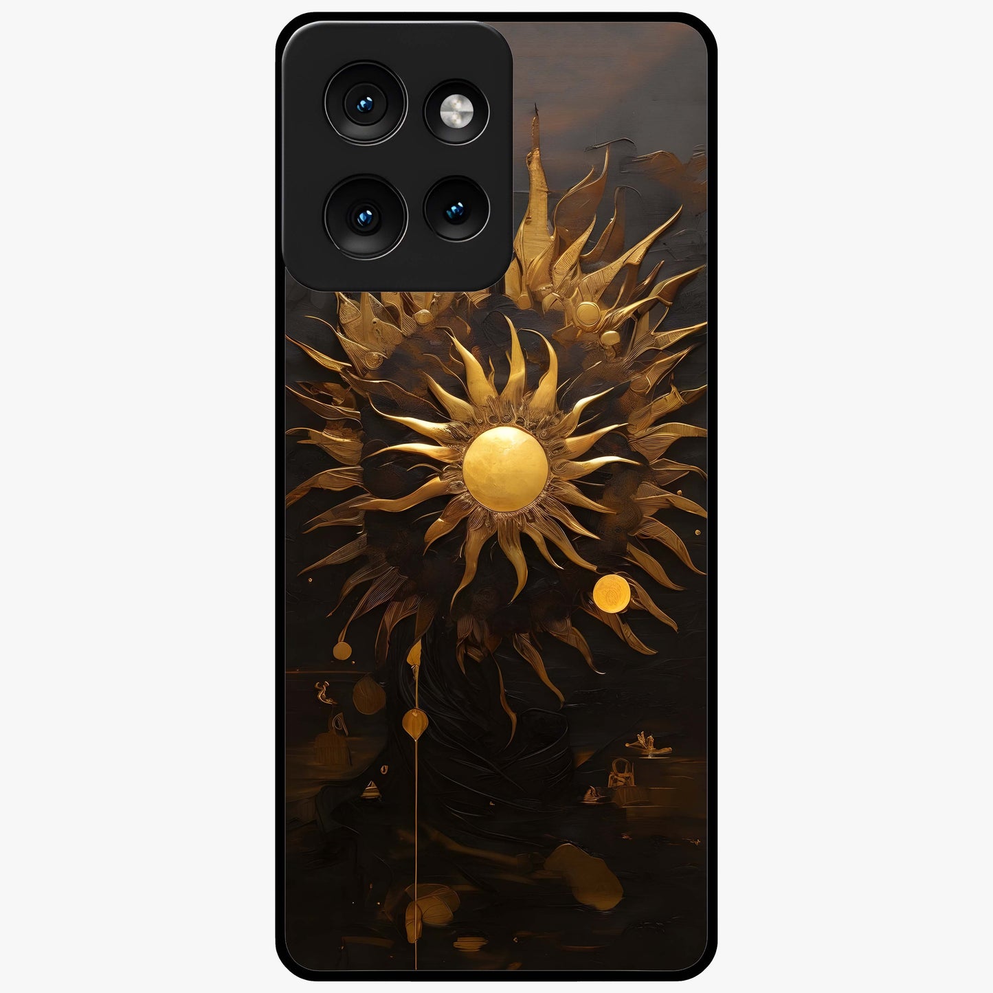 Golden Sun Majesty Glass Case showing flat back view with radiant golden sun artwork and glossy glass finish.