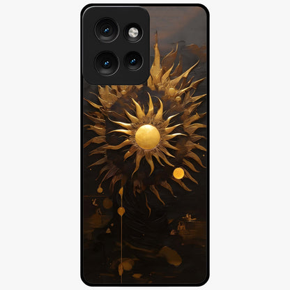 Golden Sun Majesty Glass Case showing flat back view with radiant golden sun artwork and glossy glass finish.