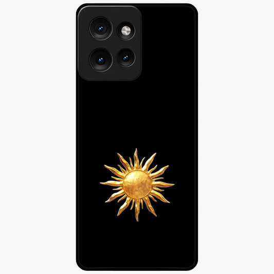 Golden Sun Minimalism Glass Case showing flat back view with minimal golden sun artwork and glossy glass finish.