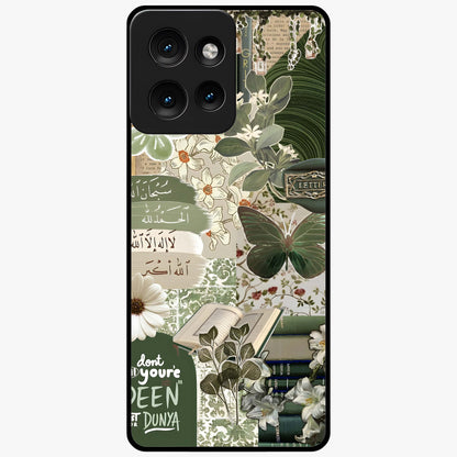 Green Islamic Books Quotes Glass Case showing flat back view with Islamic quotes and book themed artwork and glossy glass finish.
