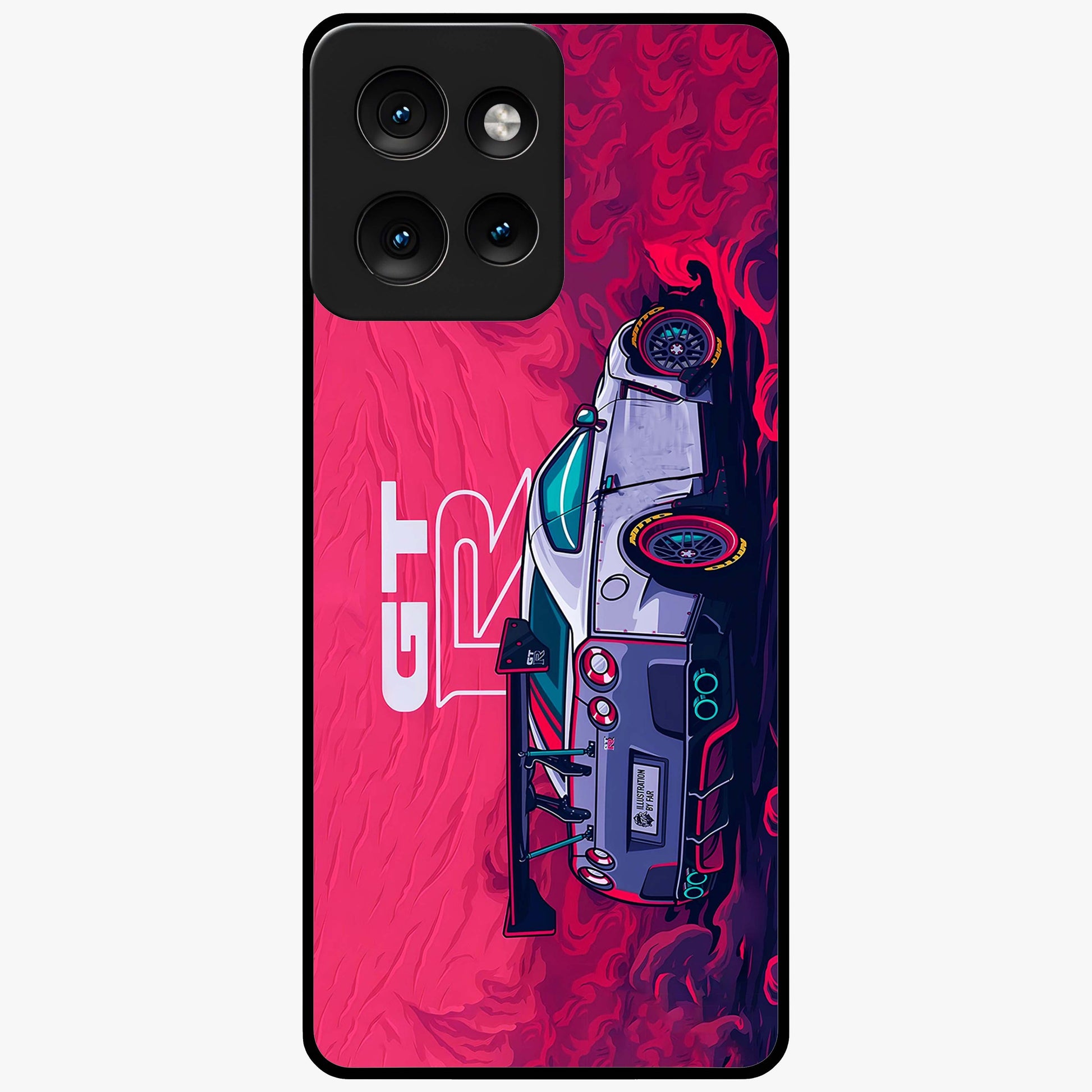 GT-R Car Pattern Glass Case showing flat back view with sporty car inspired pattern artwork and glossy glass finish.