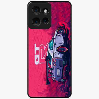 GT-R Car Pattern Glass Case showing flat back view with sporty car inspired pattern artwork and glossy glass finish.