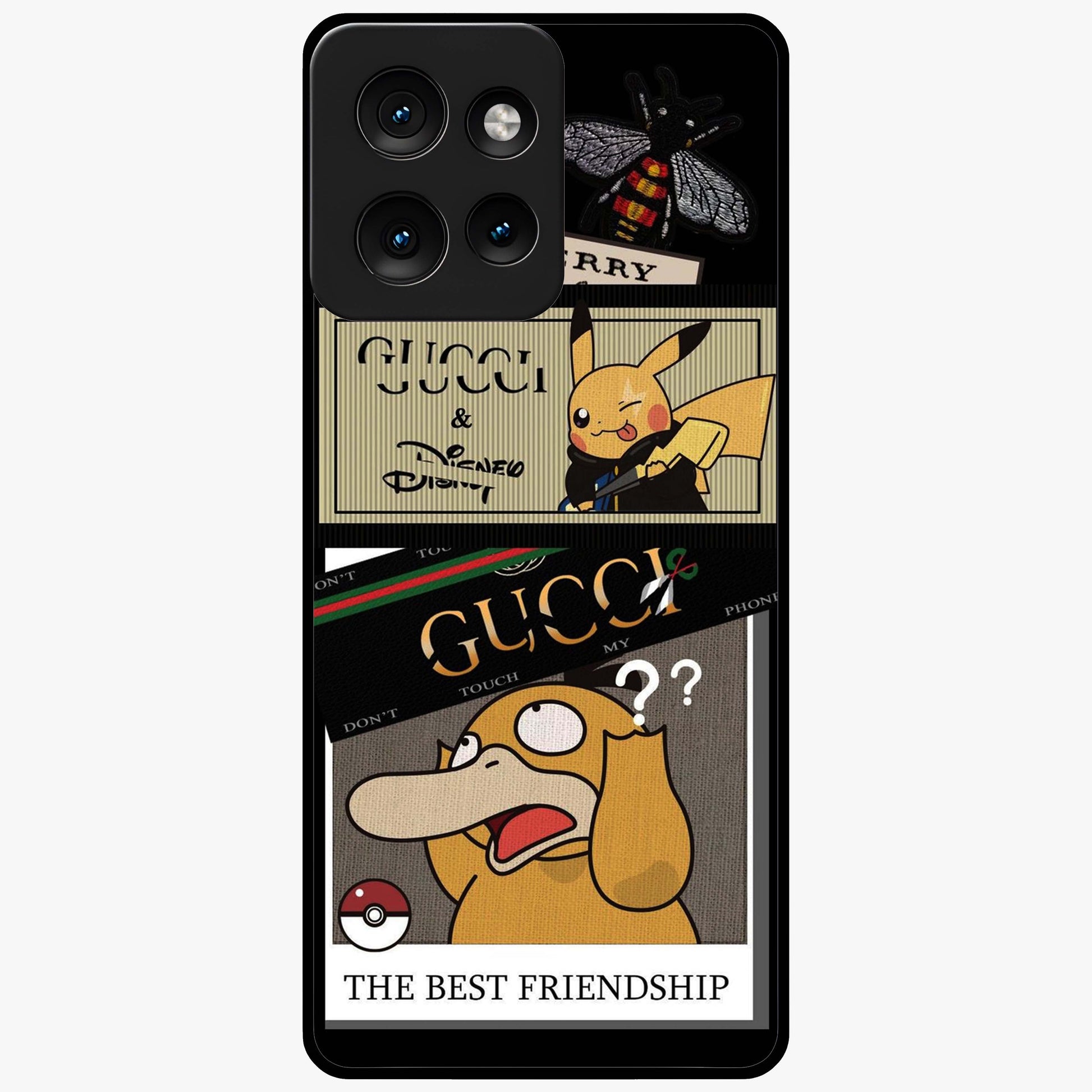 Gucci Play Mashup Glass Case showing flat back view with luxury inspired graphic artwork and glossy glass finish.