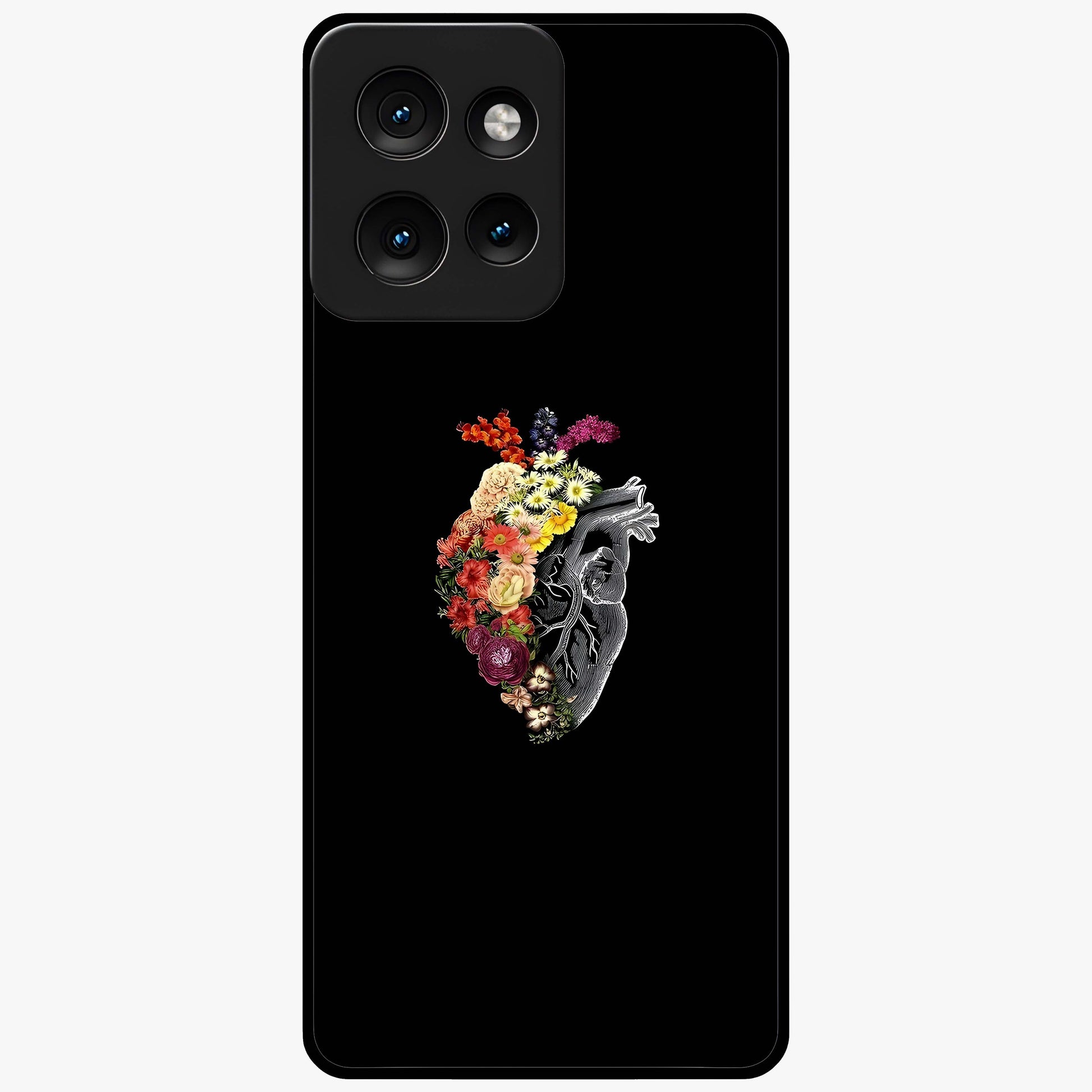 Heart With Flowers Glass Case showing flat back view with heart shaped floral artwork and glossy glass finish.