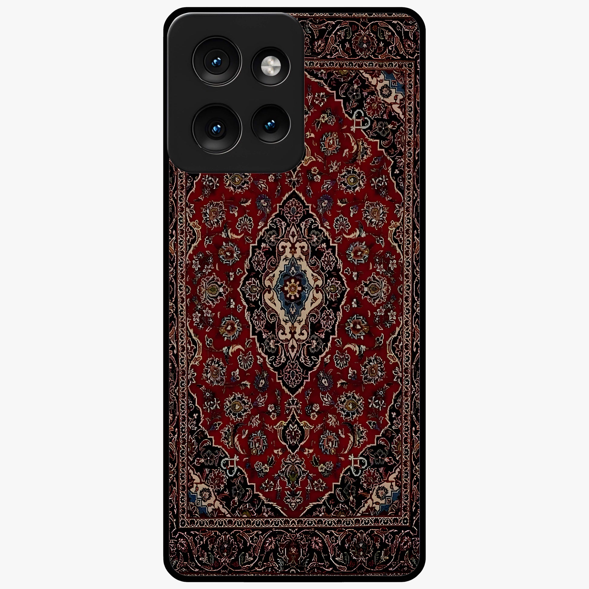 Heritage Carpet Royale Glass Case showing flat back view with ornate Persian carpet inspired pattern and glossy glass finish.