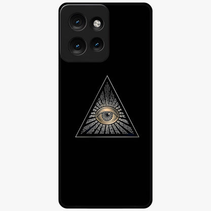 Illuminati Evil Glass Case showing flat back view with mysterious illuminati symbol artwork and glossy glass finish.