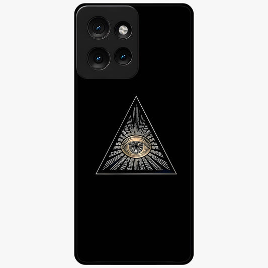 Illuminati Evil Glass Case showing flat back view with mysterious illuminati symbol artwork and glossy glass finish.