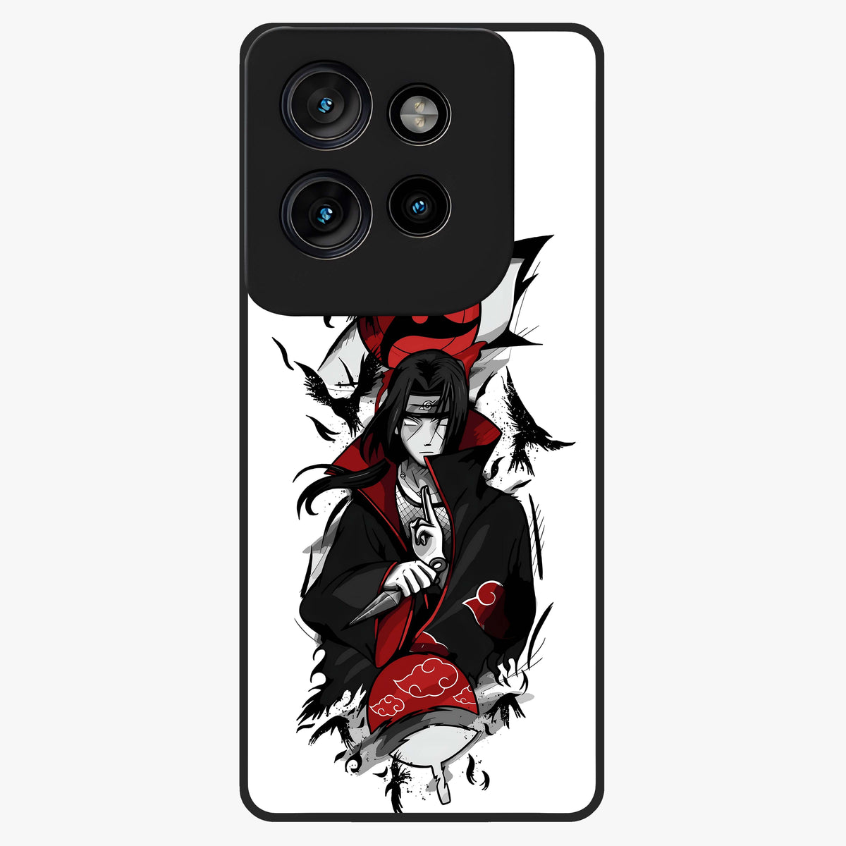 Itachi Sharingan Glass Case showing flat back view with powerful anime eye artwork and glossy glass finish.