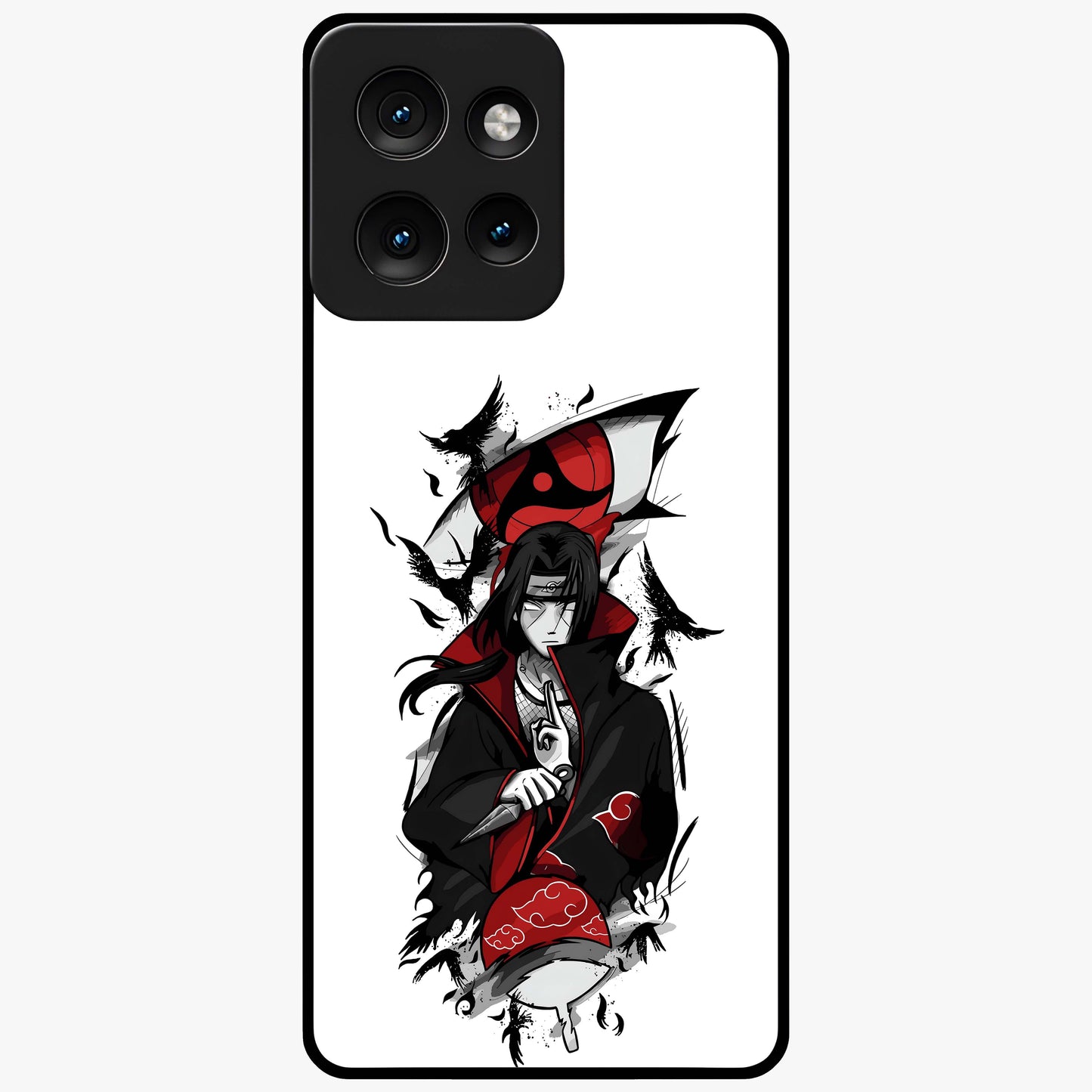 Itachi Sharingan Glass Case showing flat back view with powerful anime eye artwork and glossy glass finish.