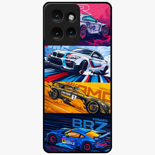 JDM Sports Car Glass Case showing flat back view with high performance sports car artwork and glossy glass finish.
