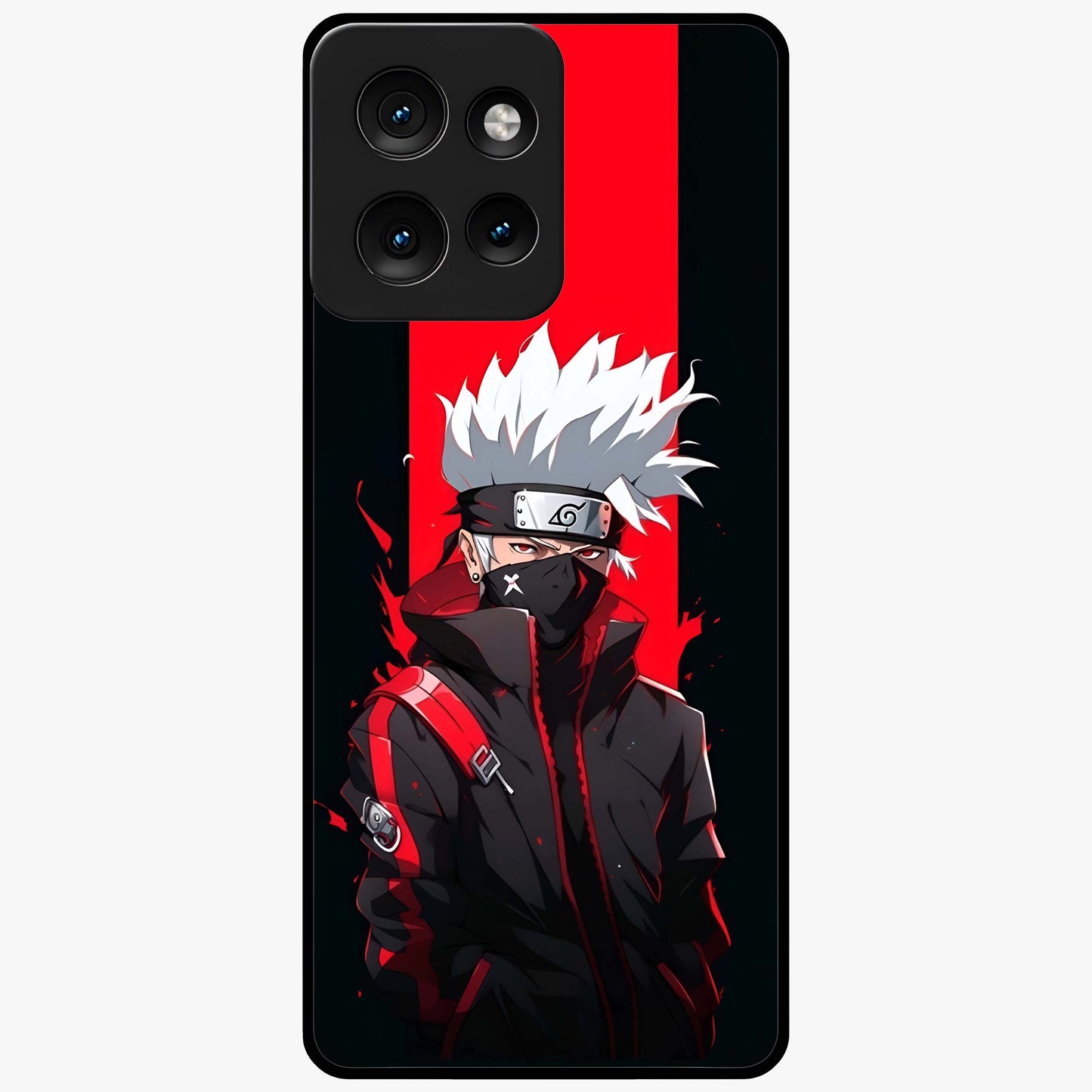 Kakashi Scarlet Shadow Glass Case showing flat back view with powerful anime ninja artwork and glossy glass finish.