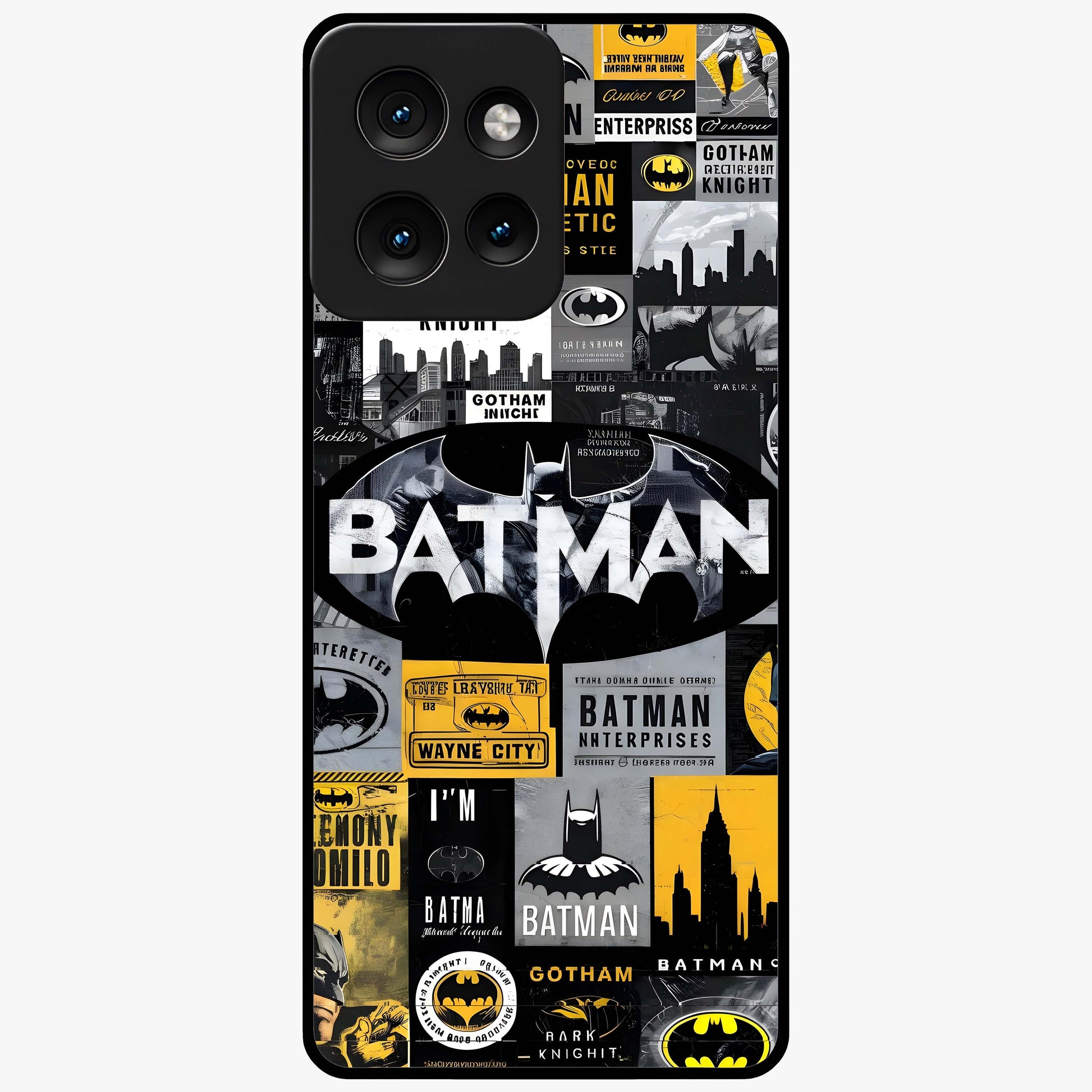 Knight Gotham Rise Glass Case showing flat back view with dark hero inspired artwork and glossy glass finish.